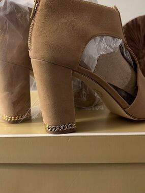 Michael Kors Tan Suede Block Heel Sandals with Gold Chain Trim